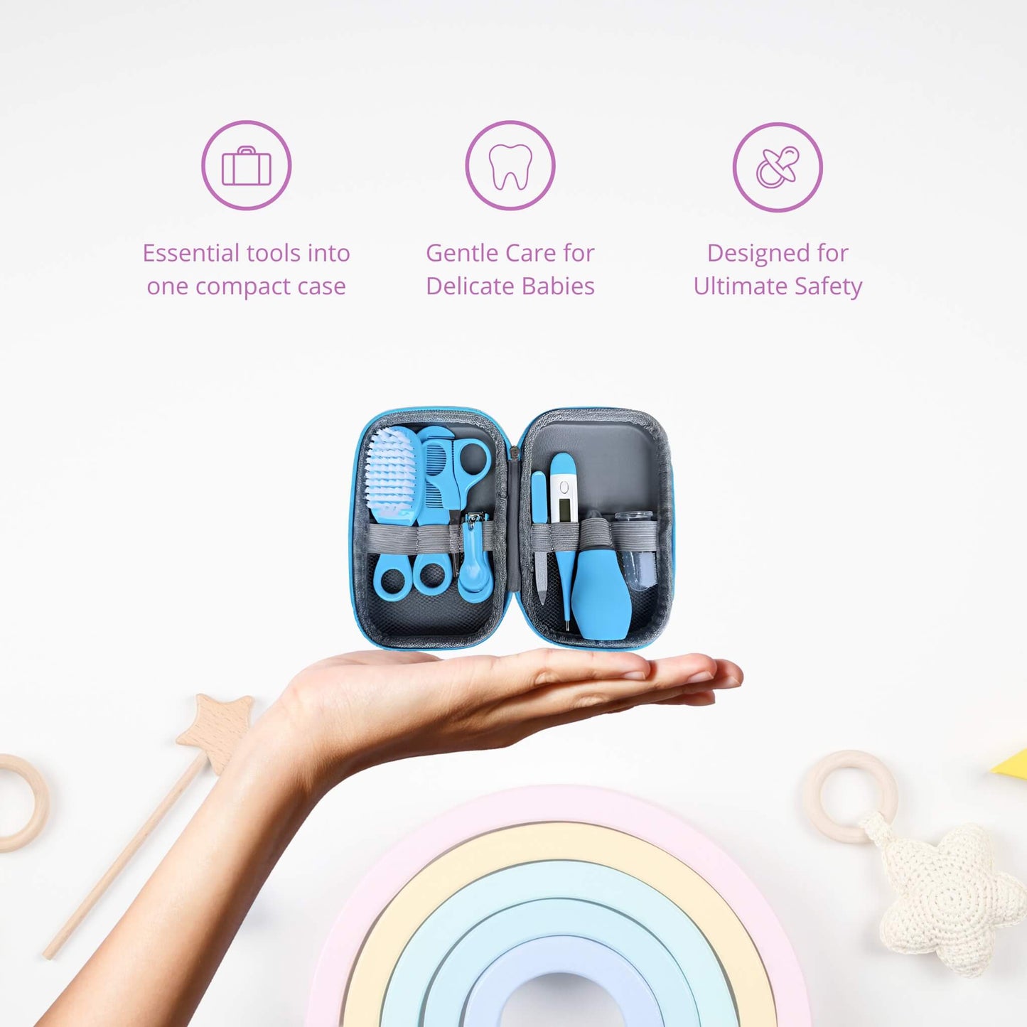 The At Ease Baby Complete Grooming and Healthcare Kit, showing the included digital thermometer and safe nail clippers