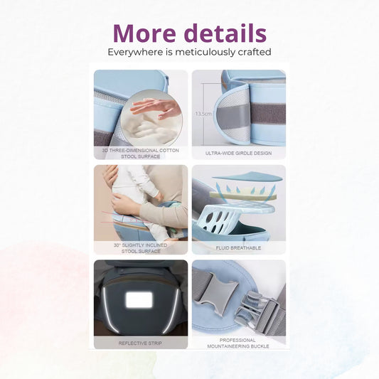 The All-in-One Multifunctional Ergonomic Baby Carrier from At Ease Baby, featuring a supportive hip seat and breathable mesh panel