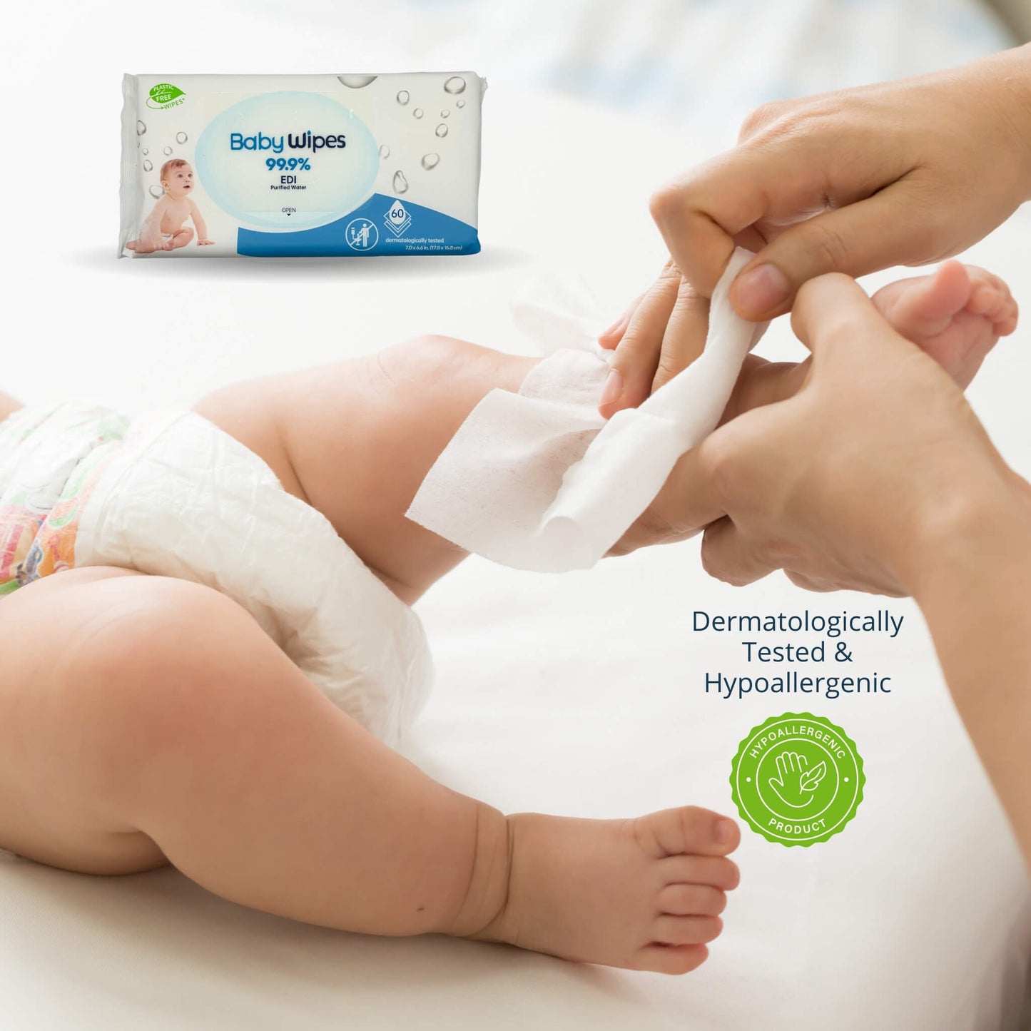 At Ease Baby's plastic-free and dermatologically tested 99.9% pure water wipes for sensitive skin