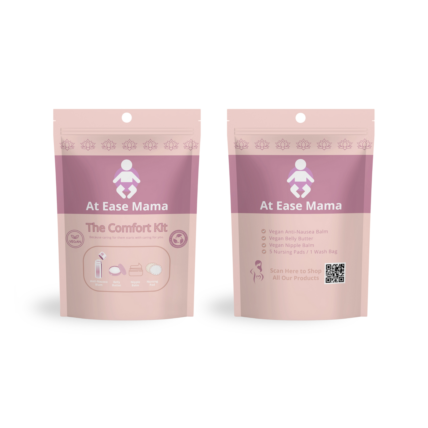 The At Ease Mama Comfort Kit, a vegan postpartum and maternity care set with nipple balm, belly butter, and nursing pads