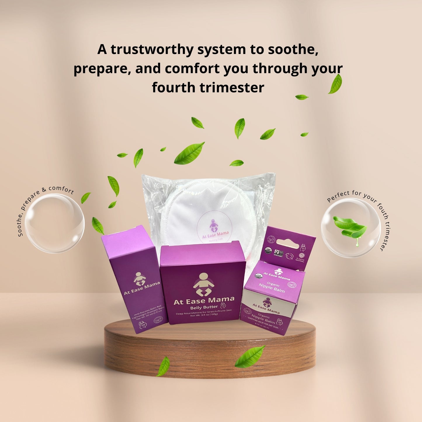The At Ease Mama Comfort Kit, a vegan postpartum and maternity care set with nipple balm, belly butter, and nursing pads