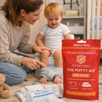 Mom teaching baby to use the bathroom with the potty kits help