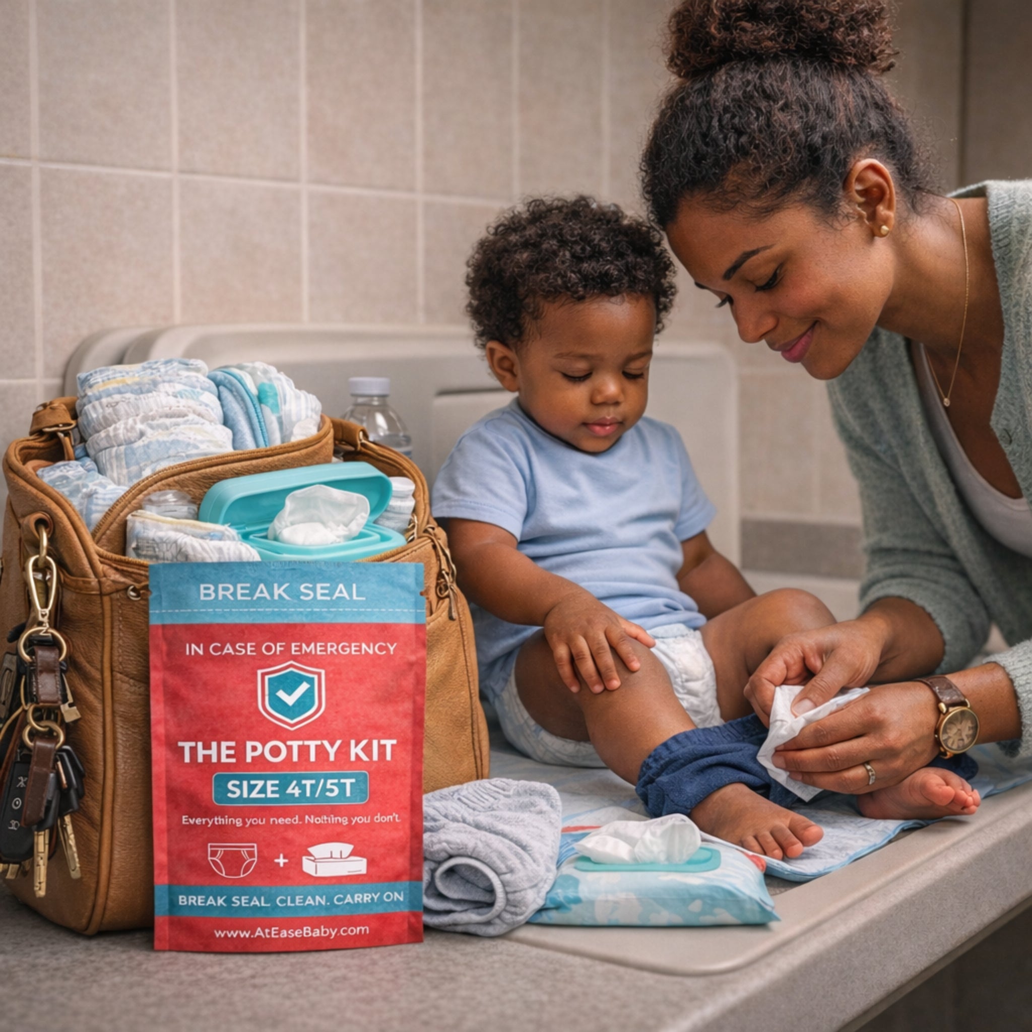 Mom diapering a baby with the potty kit in a public bathroom