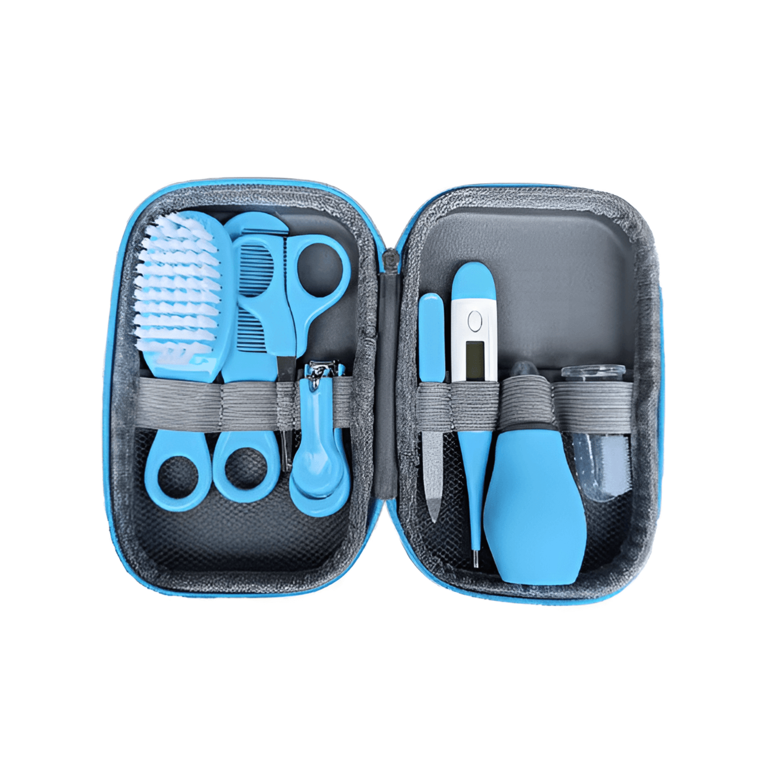 The At Ease Baby Complete Grooming and Healthcare Kit, showing the included digital thermometer and safe nail clippers