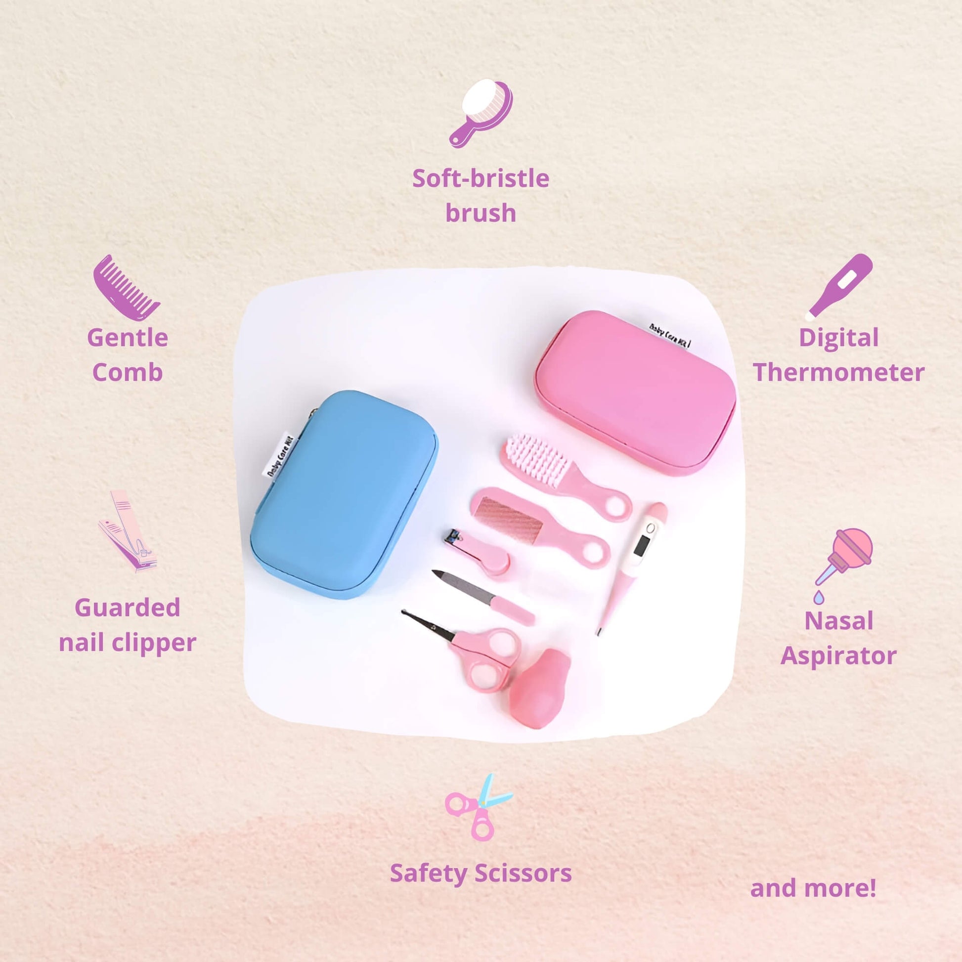 The At Ease Baby Complete Grooming and Healthcare Kit, showing the included digital thermometer and safe nail clippers