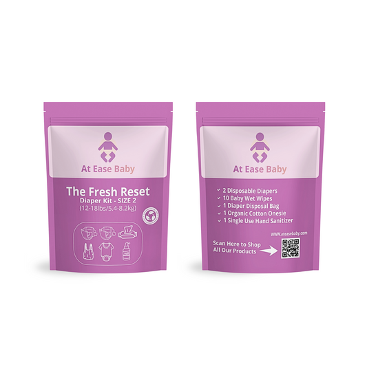 The Fresh Reset emergency on-the-go diaper change kit with diapers, wipes, a onesie, and hand sanitizer.