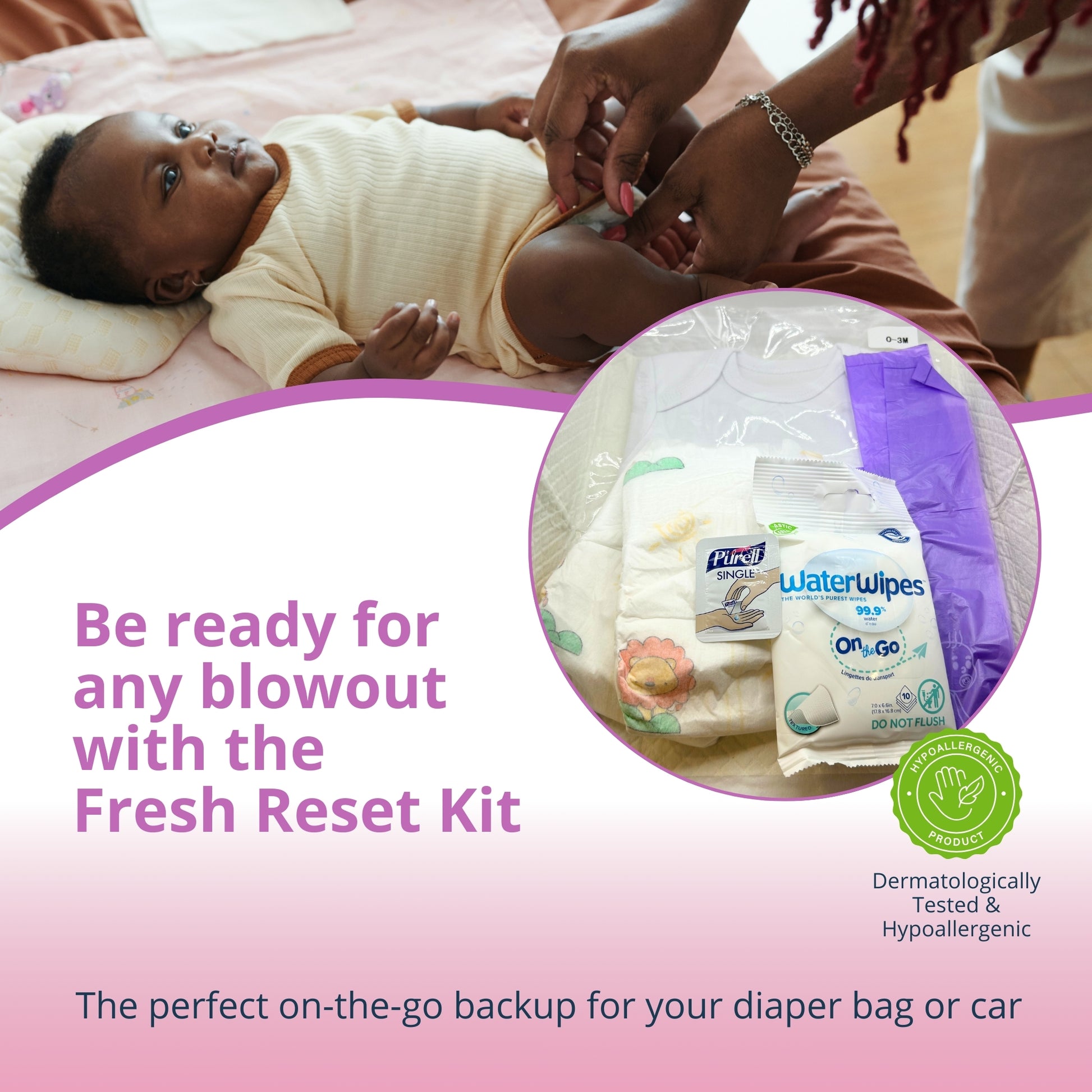 The Fresh Reset emergency on-the-go diaper change kit with diapers, wipes, a onesie, and hand sanitizer.
