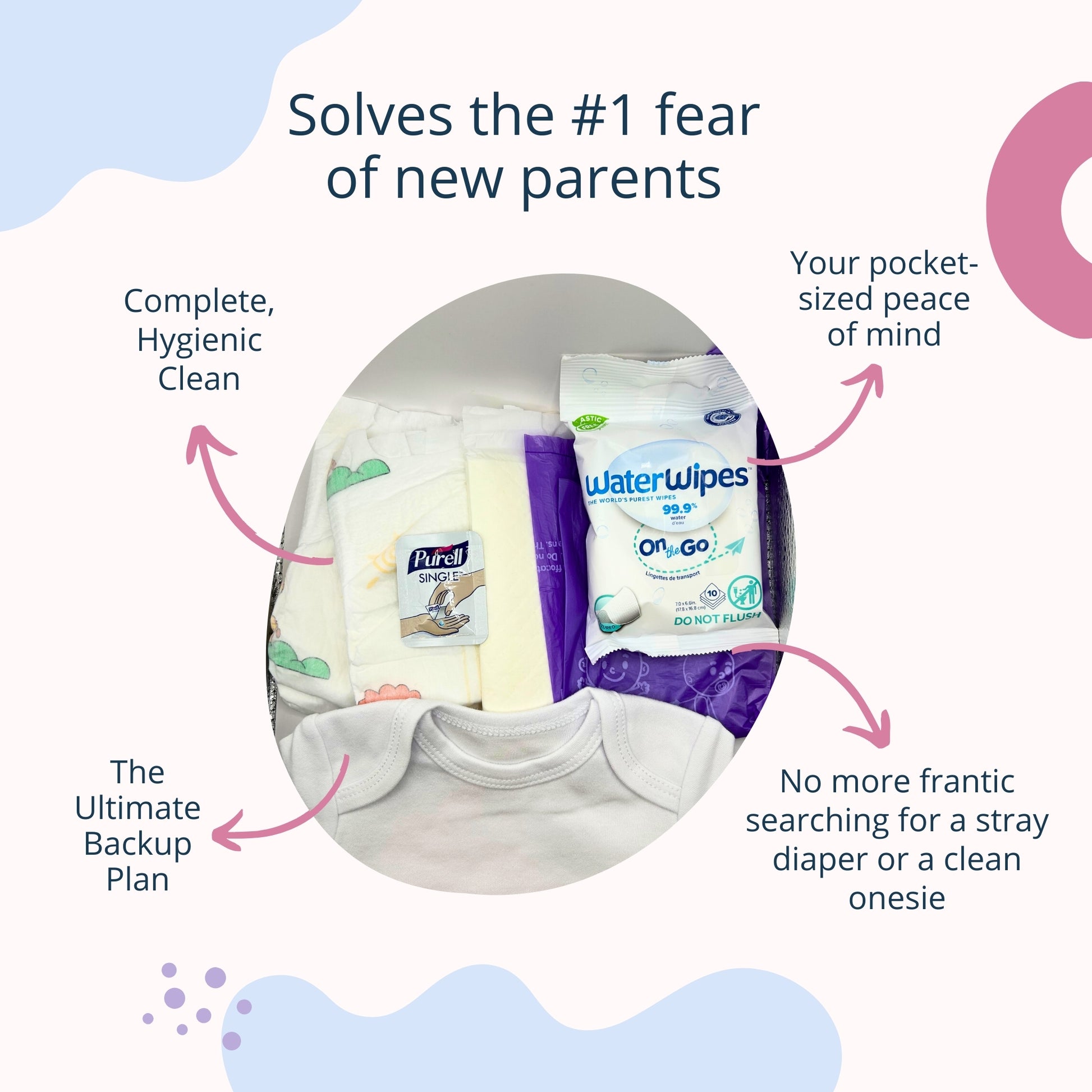 The Fresh Reset emergency on-the-go diaper change kit with diapers, wipes, a onesie, and hand sanitizer.