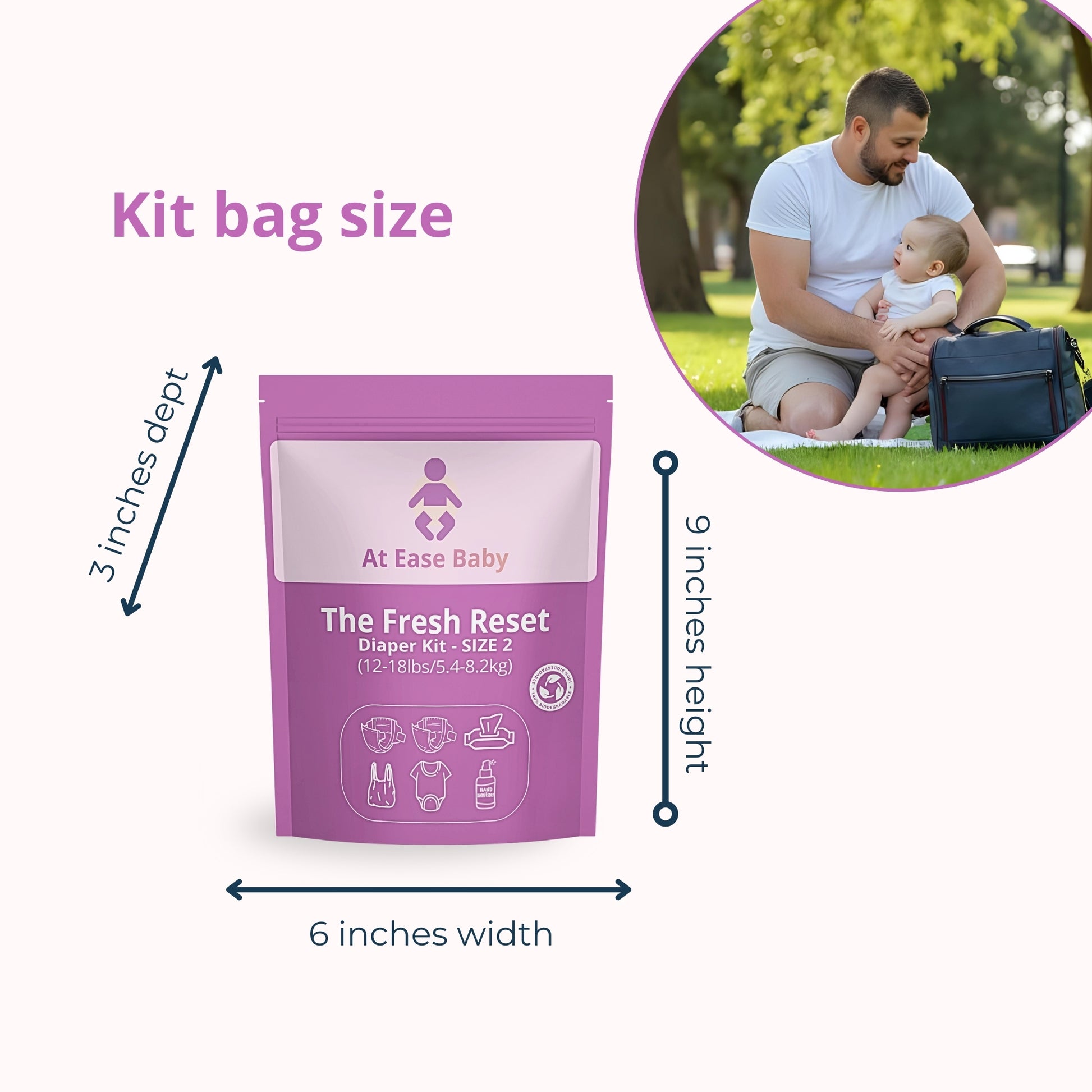 The Fresh Reset emergency on-the-go diaper change kit with diapers, wipes, a onesie, and hand sanitizer.