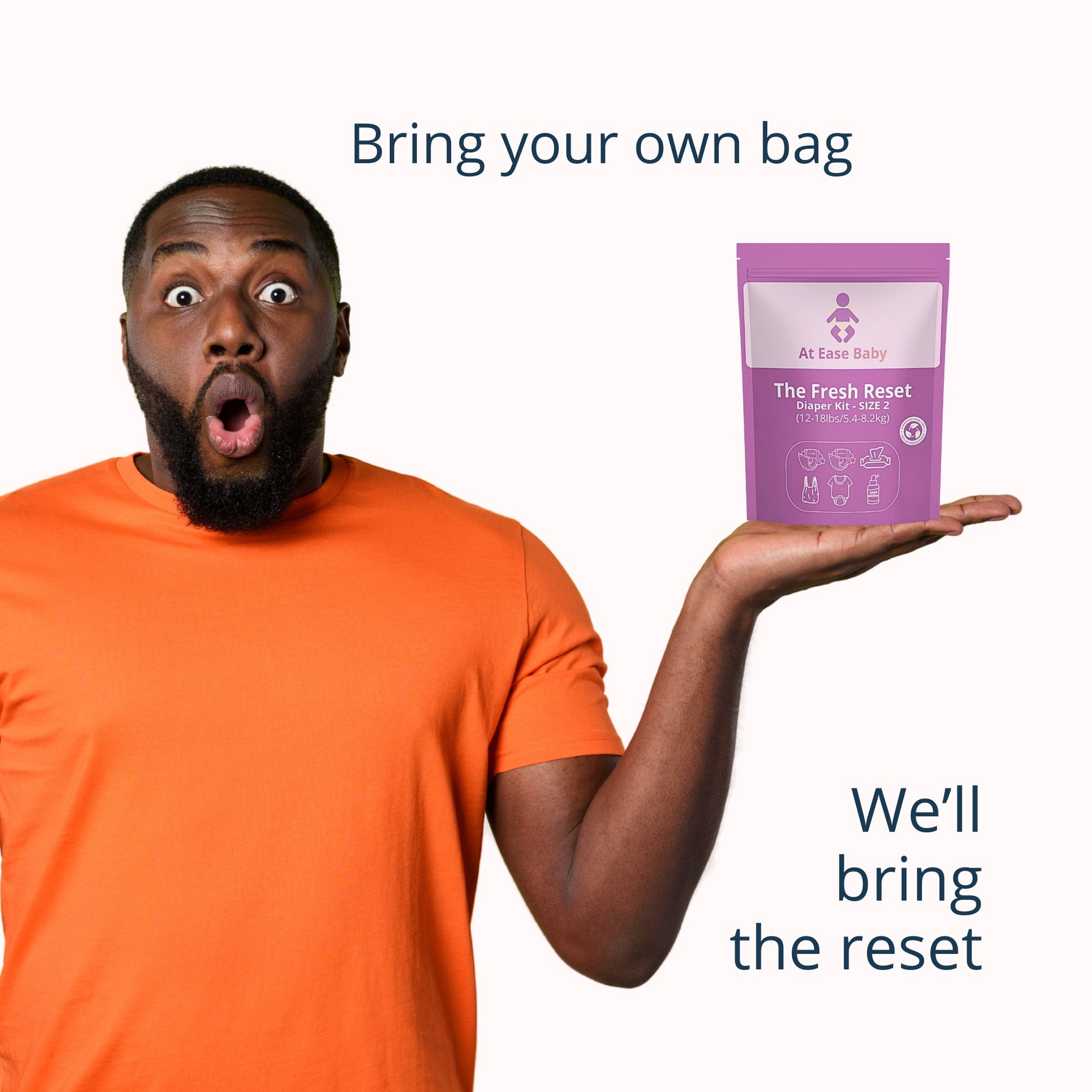 The Fresh Reset emergency on-the-go diaper change kit with diapers, wipes, a onesie, and hand sanitizer.