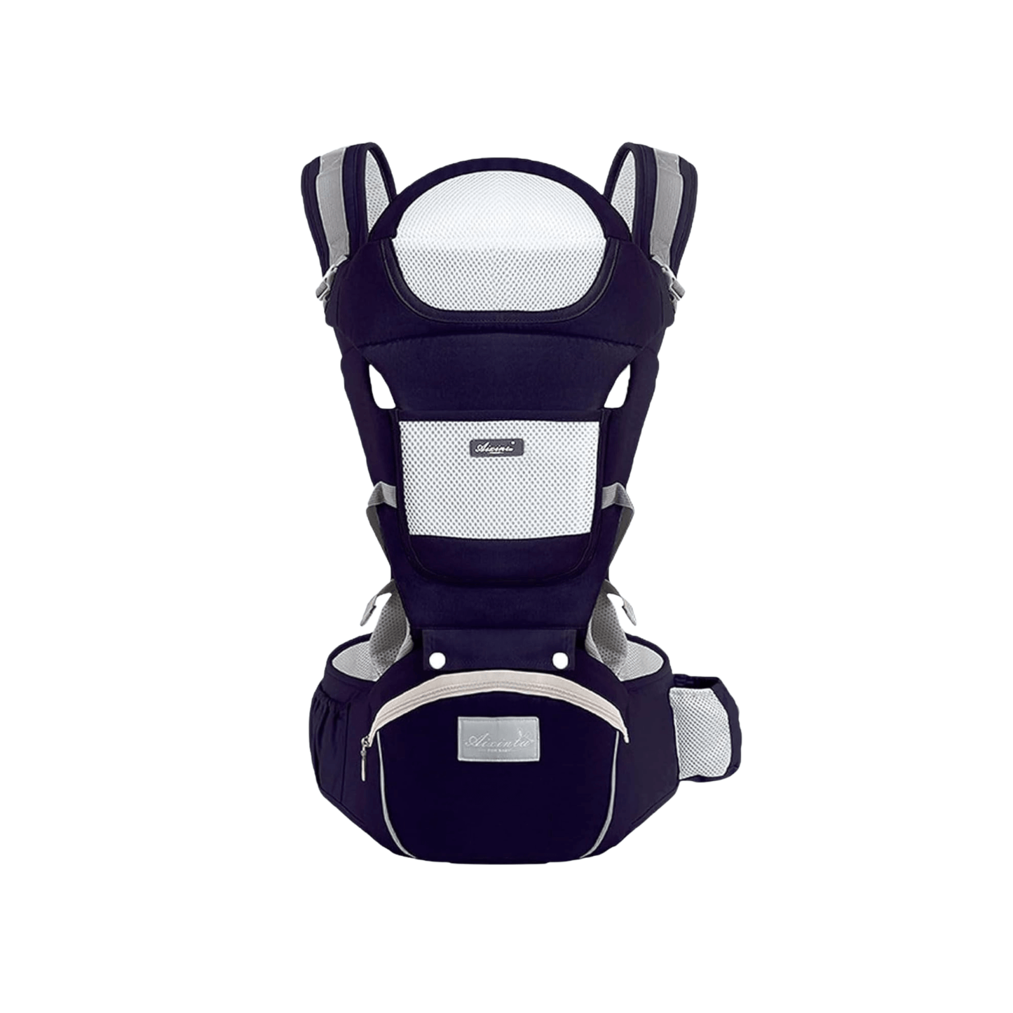 The All-in-One Multifunctional Ergonomic Baby Carrier from At Ease Baby, featuring a supportive hip seat and breathable mesh panel