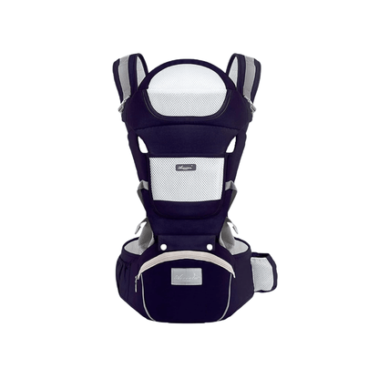 The All-in-One Multifunctional Ergonomic Baby Carrier from At Ease Baby, featuring a supportive hip seat and breathable mesh panel