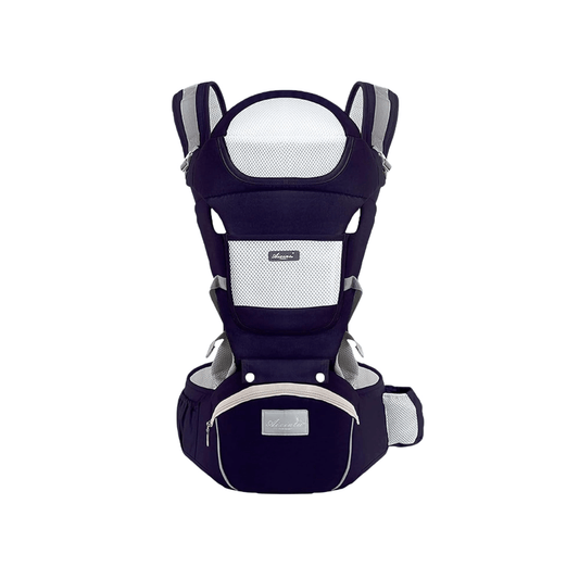 The All-in-One Multifunctional Ergonomic Baby Carrier from At Ease Baby, featuring a supportive hip seat and breathable mesh panel