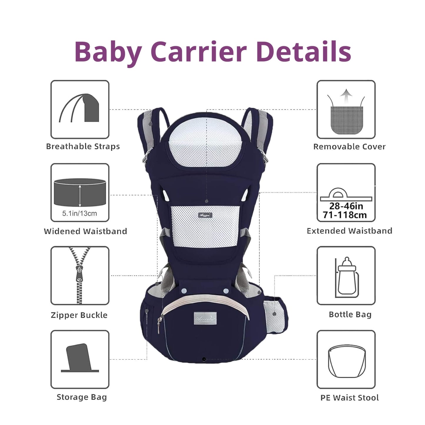 The All-in-One Multifunctional Ergonomic Baby Carrier from At Ease Baby, featuring a supportive hip seat and breathable mesh panel