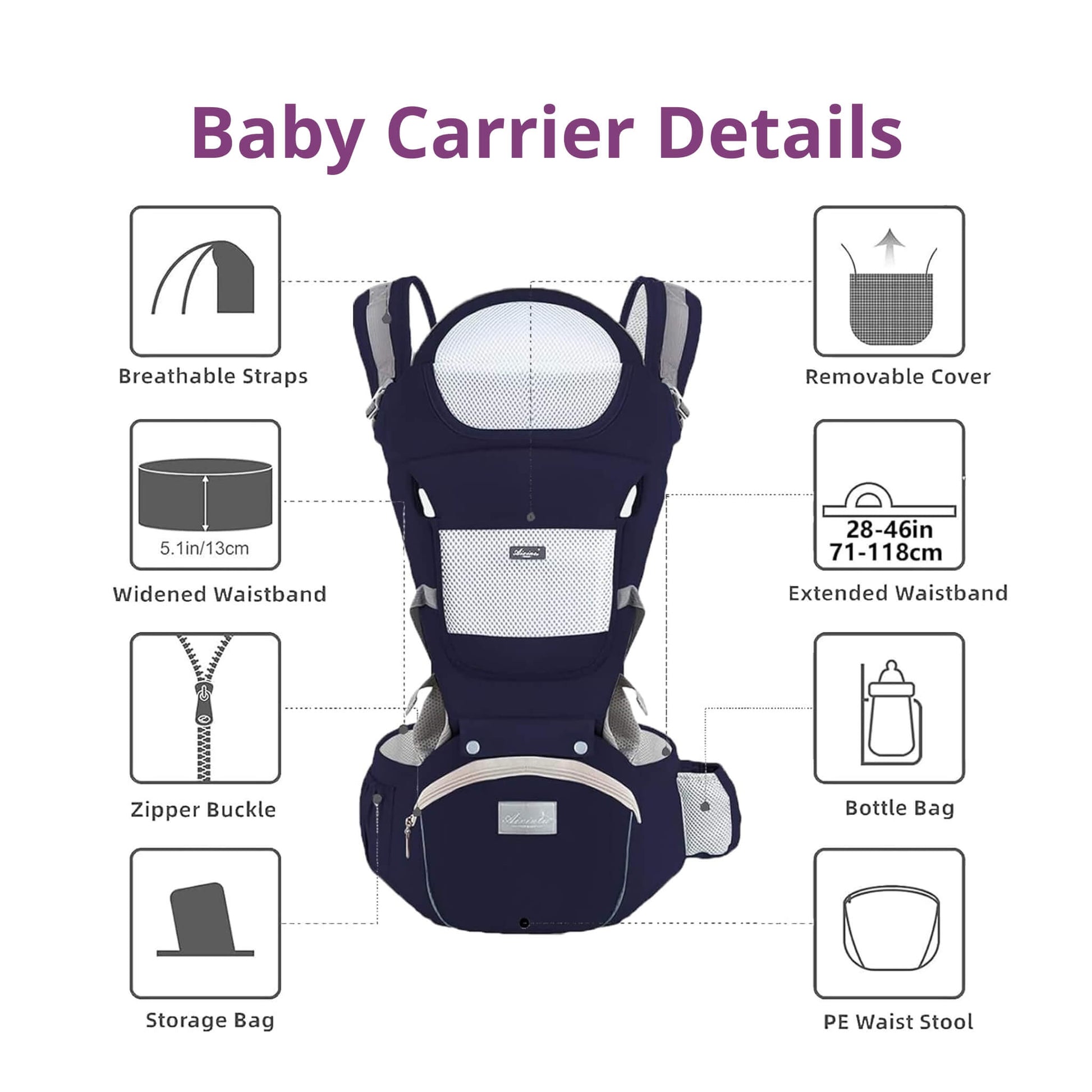 The All-in-One Multifunctional Ergonomic Baby Carrier from At Ease Baby, featuring a supportive hip seat and breathable mesh panel