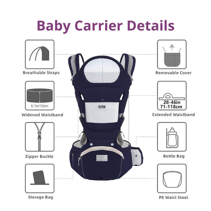 The All-in-One Multifunctional Ergonomic Baby Carrier from At Ease Baby, featuring a supportive hip seat and breathable mesh panel