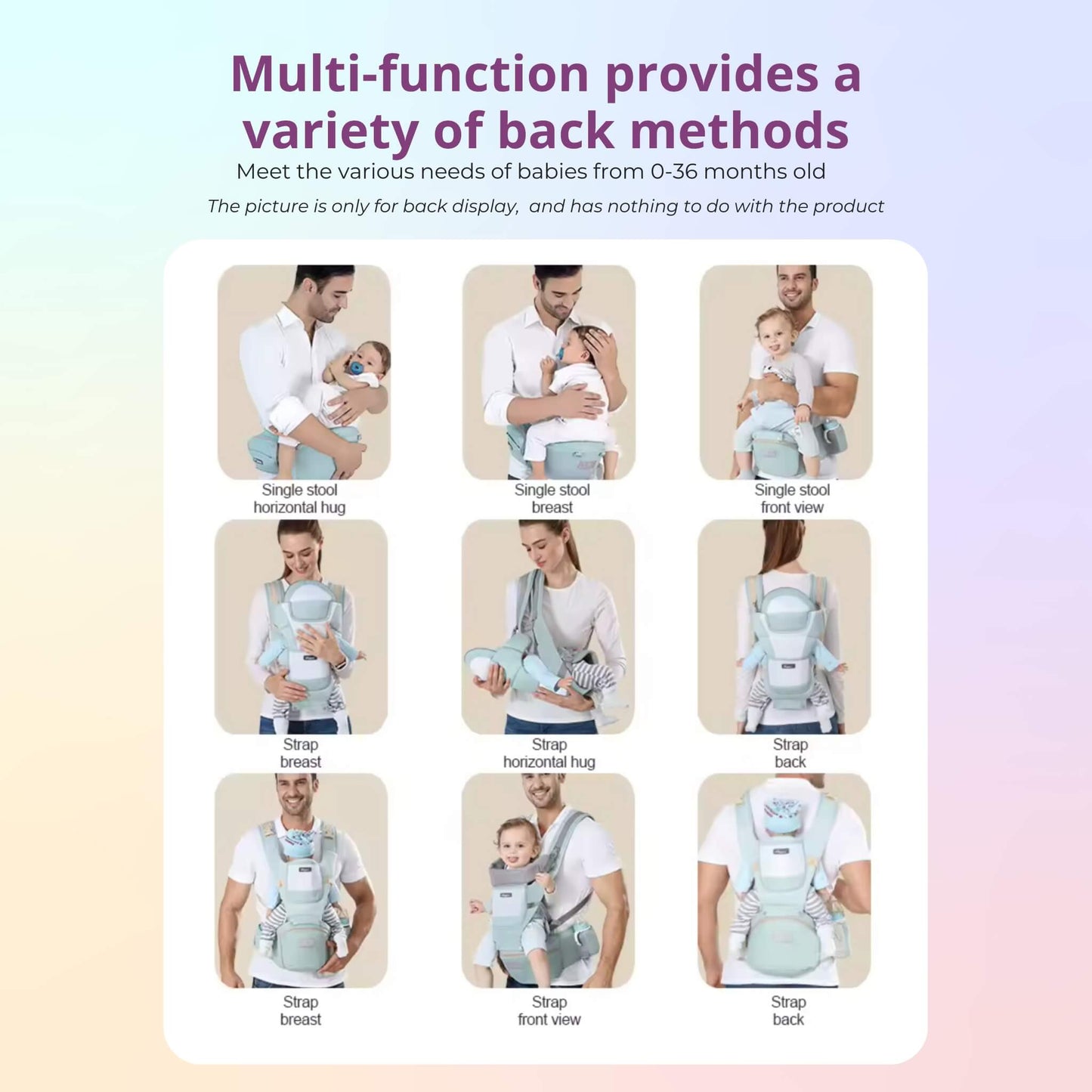 The All-in-One Multifunctional Ergonomic Baby Carrier from At Ease Baby, featuring a supportive hip seat and breathable mesh panel