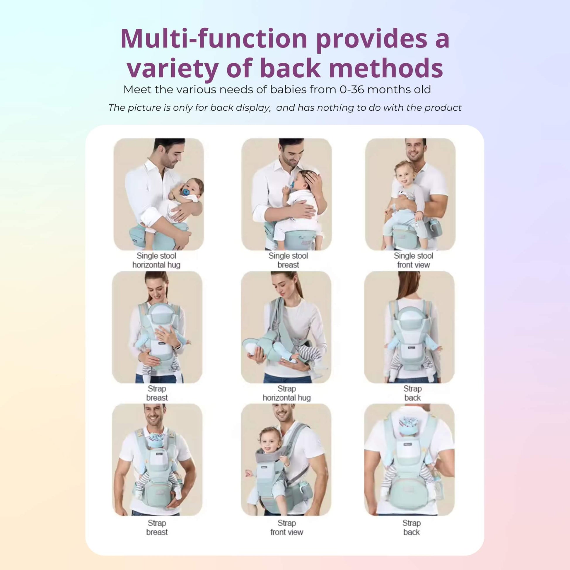 The All-in-One Multifunctional Ergonomic Baby Carrier from At Ease Baby, featuring a supportive hip seat and breathable mesh panel