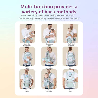 The All-in-One Multifunctional Ergonomic Baby Carrier from At Ease Baby, featuring a supportive hip seat and breathable mesh panel