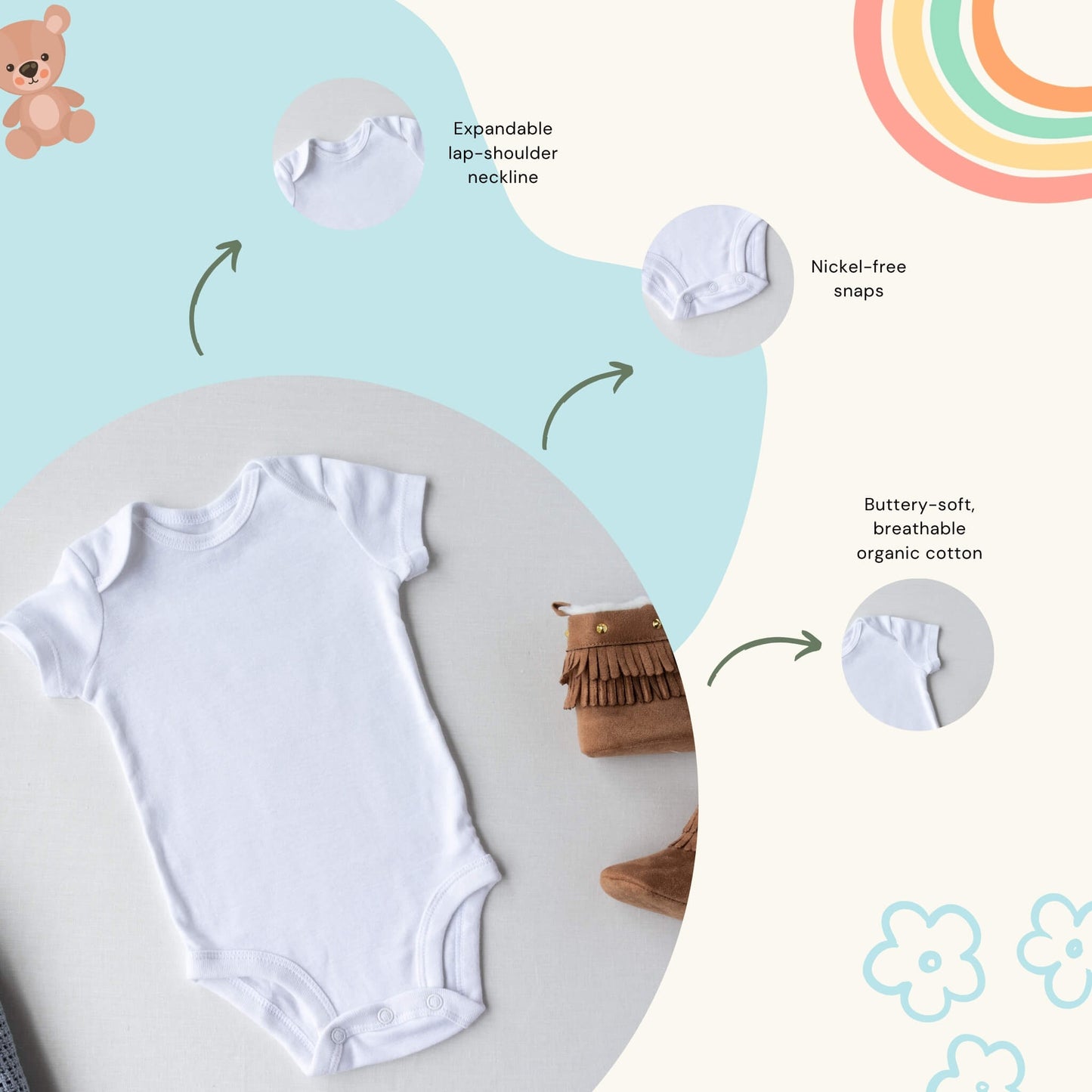 The Essential Onesie by At Ease Baby in soft white organic cotton, showing the tagless design