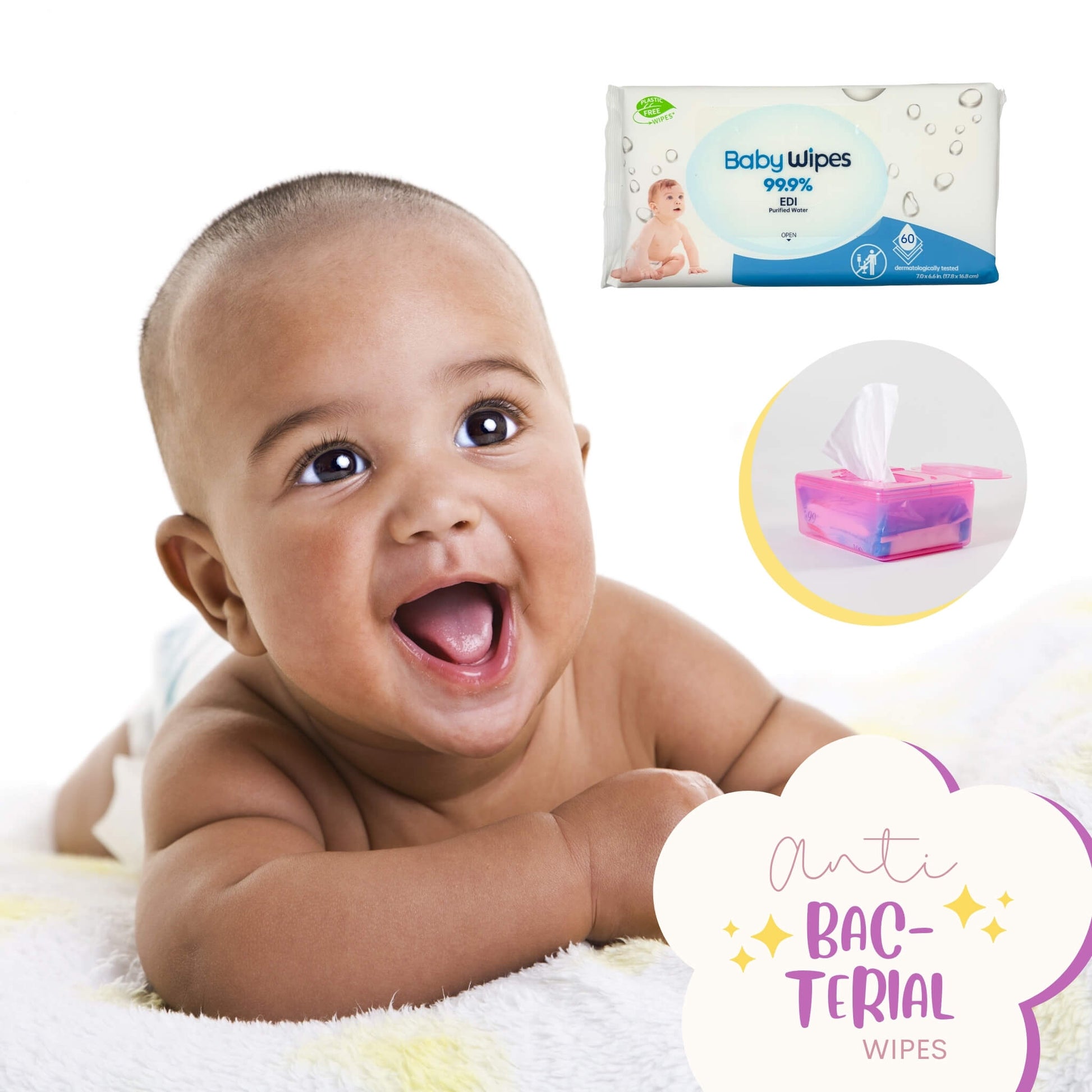 At Ease Baby's plastic-free and dermatologically tested 99.9% pure water wipes for sensitive skin