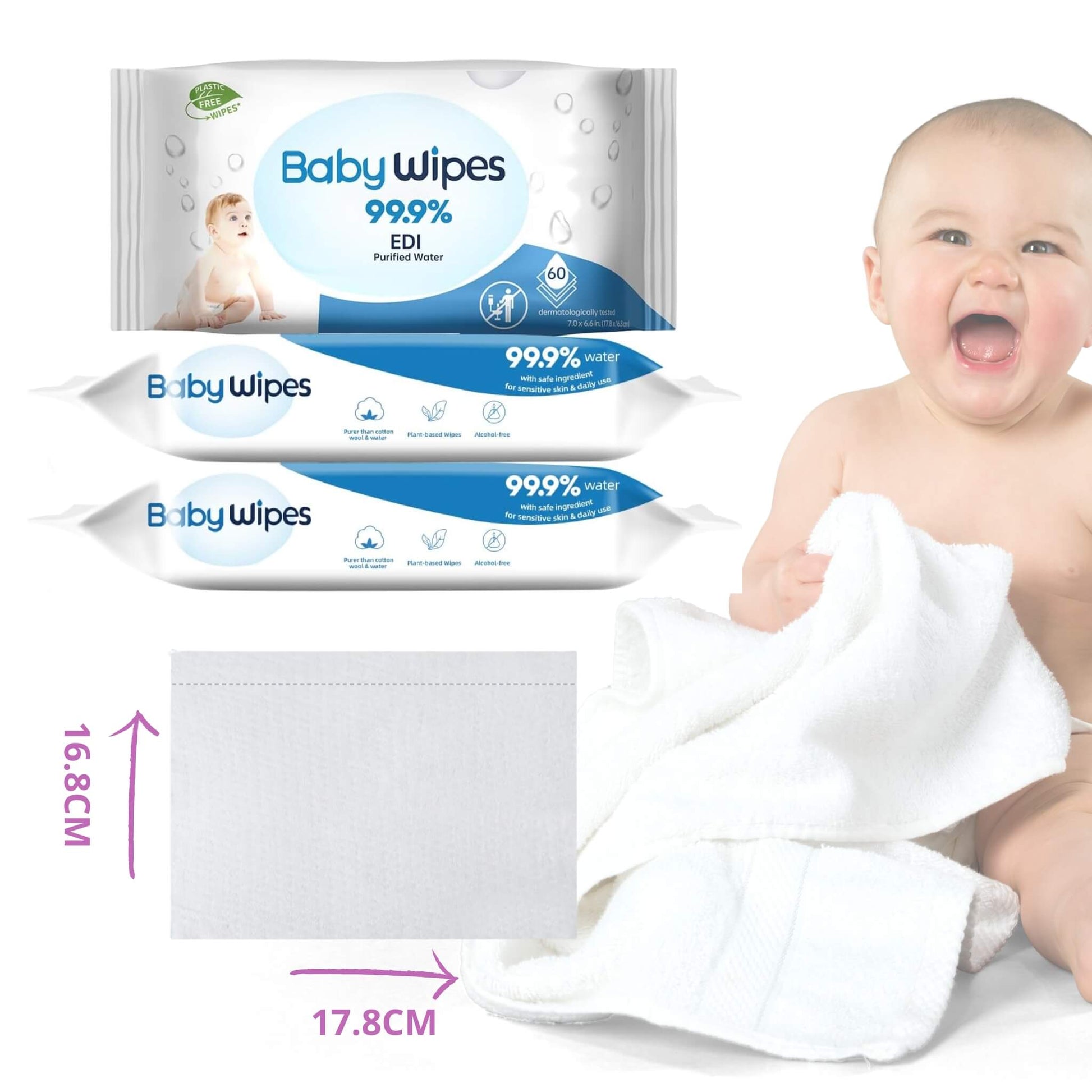 At Ease Baby's plastic-free and dermatologically tested 99.9% pure water wipes for sensitive skin