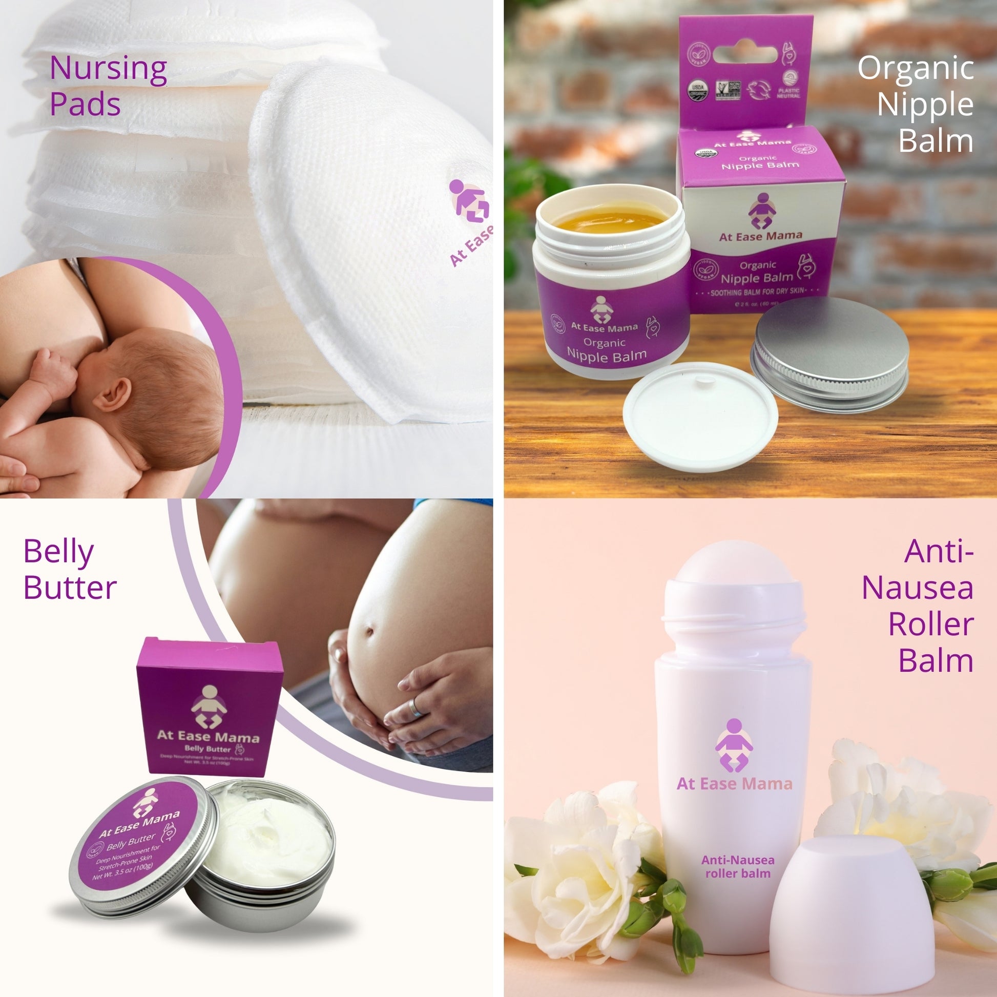 The At Ease Mama Comfort Kit, a vegan postpartum and maternity care set with nipple balm, belly butter, and nursing pads