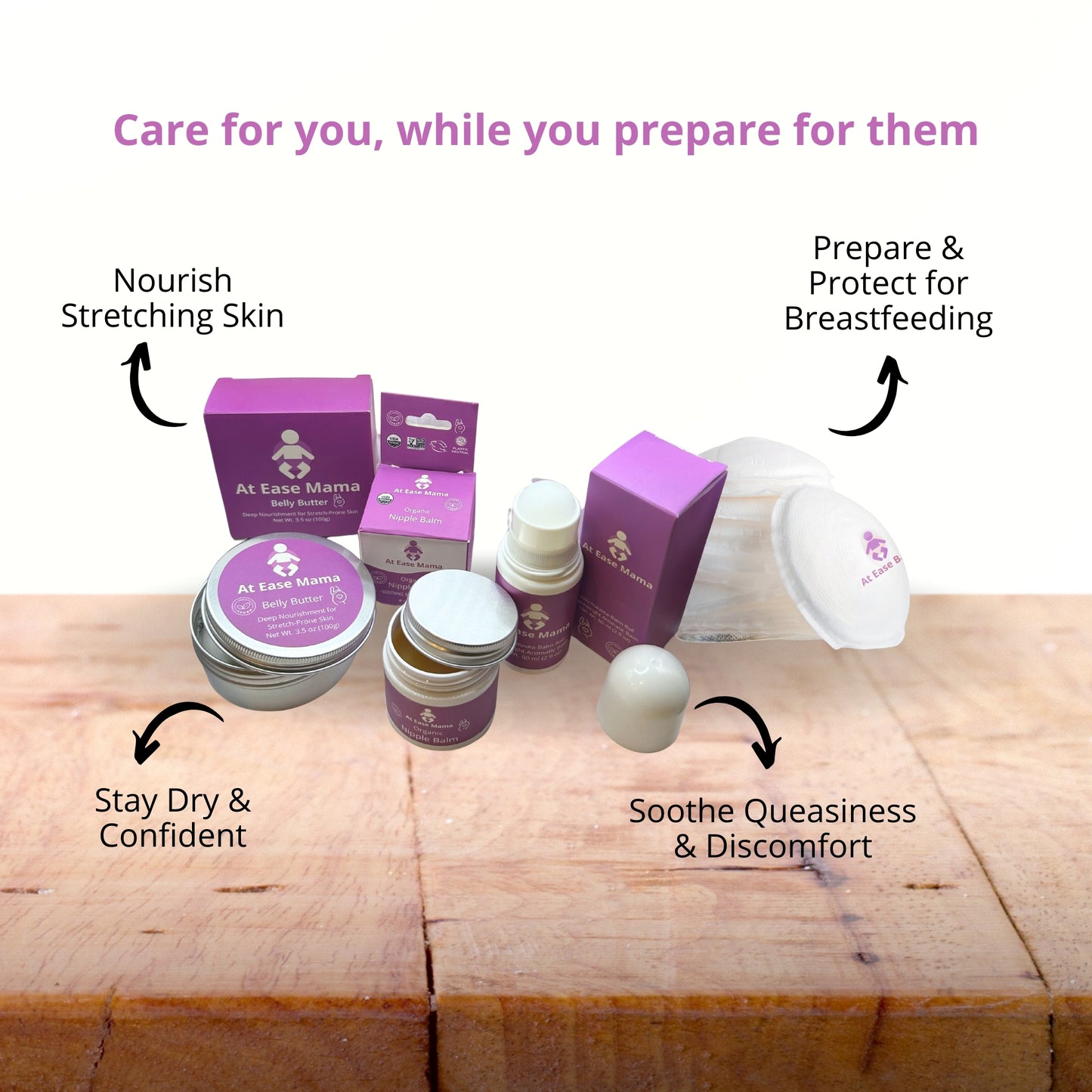 The At Ease Mama Comfort Kit, a vegan postpartum and maternity care set with nipple balm, belly butter, and nursing pads