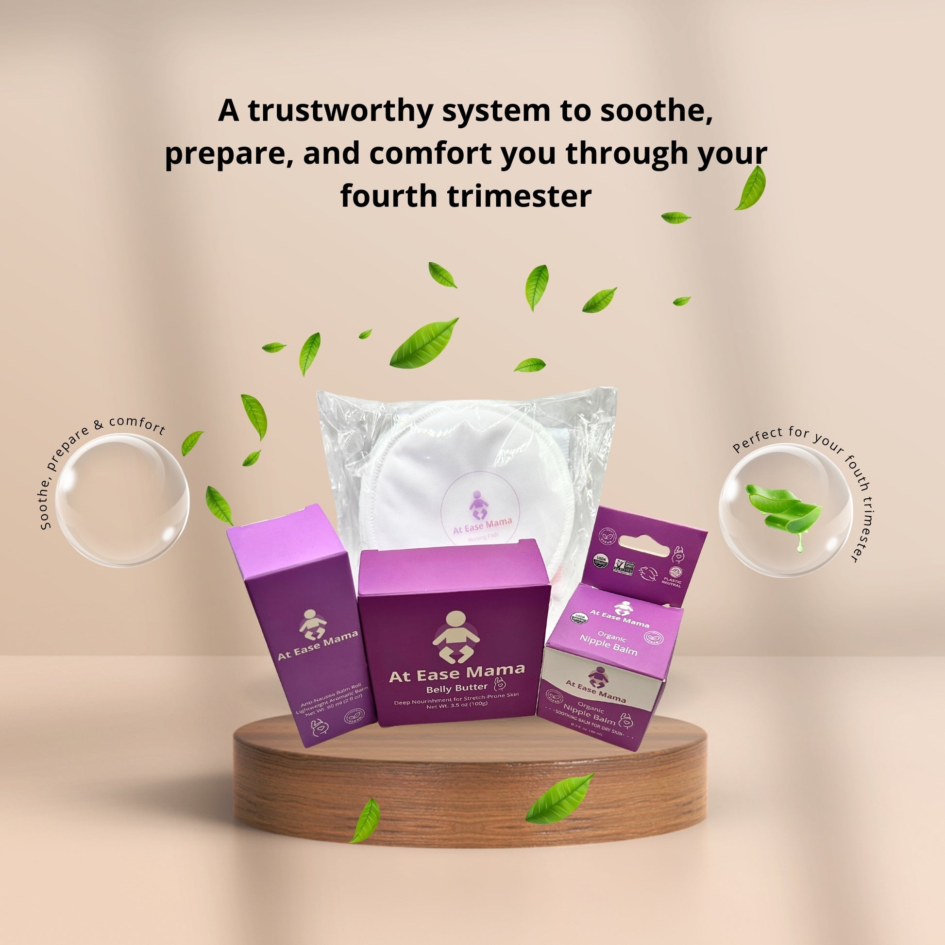 The At Ease Mama Comfort Kit, a vegan postpartum and maternity care set with nipple balm, belly butter, and nursing pads
