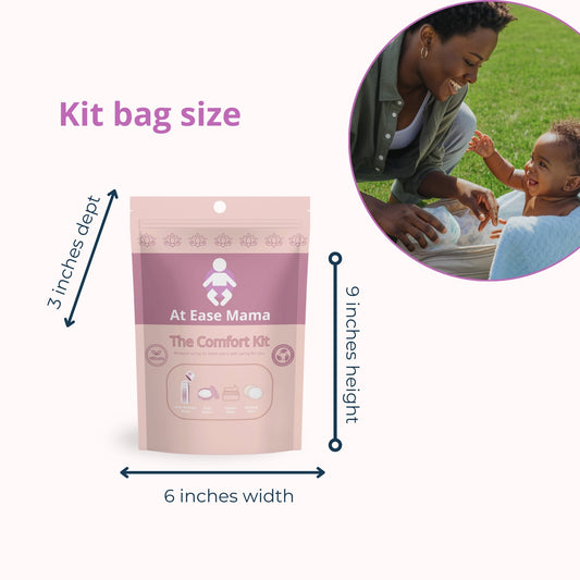 The At Ease Mama Comfort Kit, a vegan postpartum and maternity care set with nipple balm, belly butter, and nursing pads