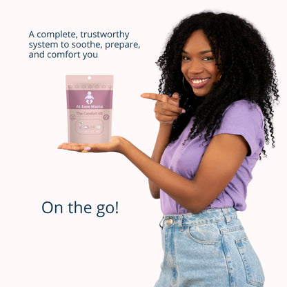 The At Ease Mama Comfort Kit, a vegan postpartum and maternity care set with nipple balm, belly butter, and nursing pads