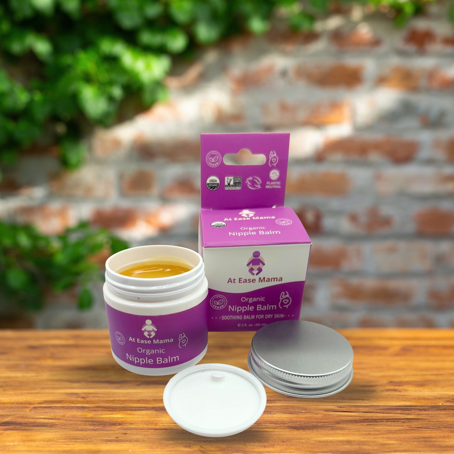 At Ease Mama organic soothing nipple balm, safe for breastfeeding and made with plant-based ingredients