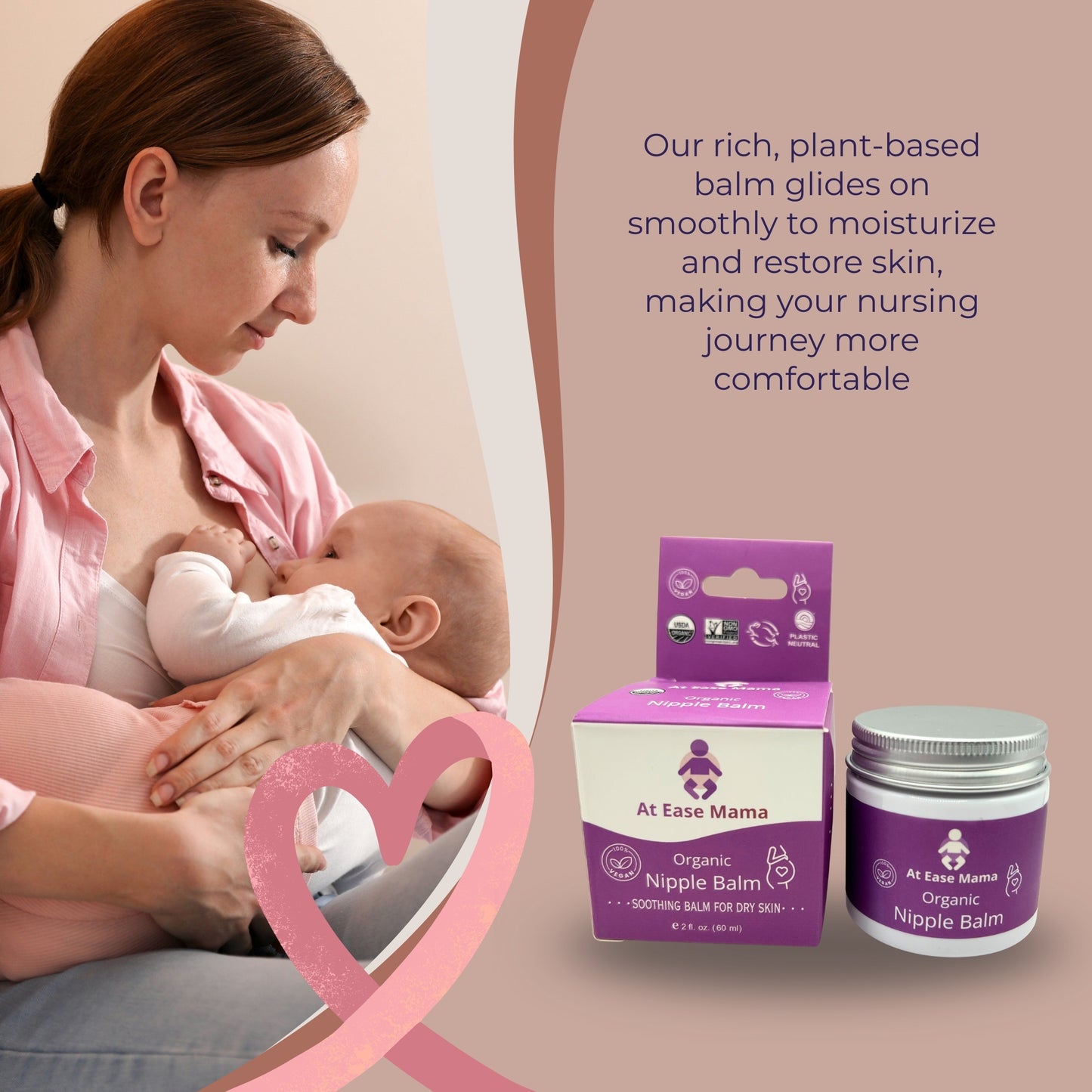 At Ease Mama organic soothing nipple balm, safe for breastfeeding and made with plant-based ingredients
